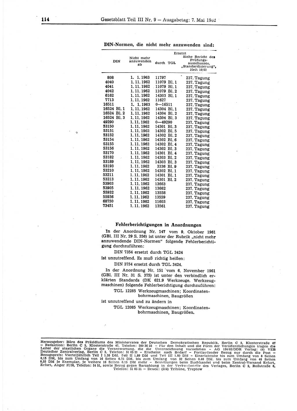Gesetzblatt (GBl.) der Deutschen Demokratischen Republik (DDR) Teil ⅠⅠⅠ 1962, Seite 114 (GBl. DDR ⅠⅠⅠ 1962, S. 114)