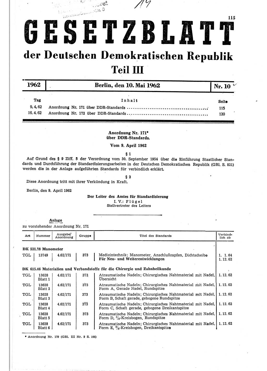 Gesetzblatt (GBl.) der Deutschen Demokratischen Republik (DDR) Teil ⅠⅠⅠ 1962, Seite 115 (GBl. DDR ⅠⅠⅠ 1962, S. 115)