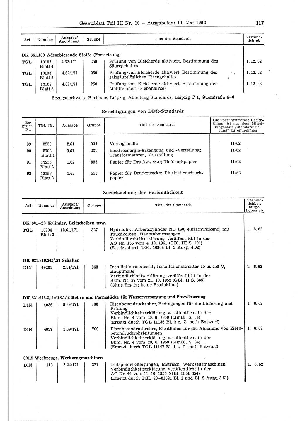 Gesetzblatt (GBl.) der Deutschen Demokratischen Republik (DDR) Teil ⅠⅠⅠ 1962, Seite 117 (GBl. DDR ⅠⅠⅠ 1962, S. 117)