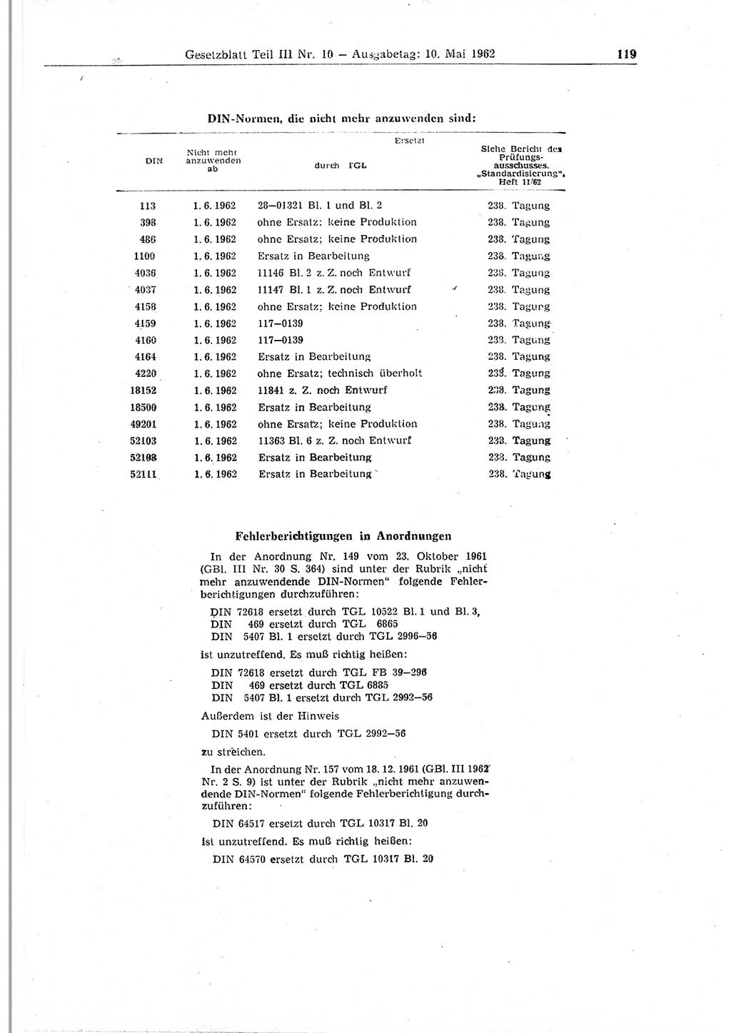 Gesetzblatt (GBl.) der Deutschen Demokratischen Republik (DDR) Teil ⅠⅠⅠ 1962, Seite 119 (GBl. DDR ⅠⅠⅠ 1962, S. 119)