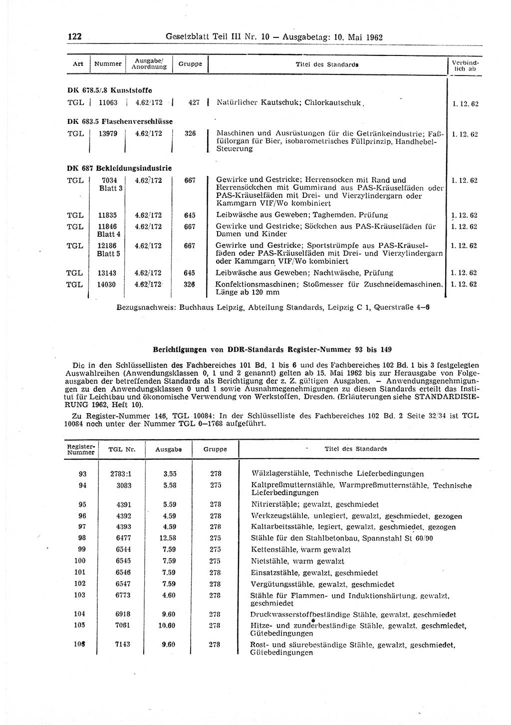 Gesetzblatt (GBl.) der Deutschen Demokratischen Republik (DDR) Teil ⅠⅠⅠ 1962, Seite 122 (GBl. DDR ⅠⅠⅠ 1962, S. 122)