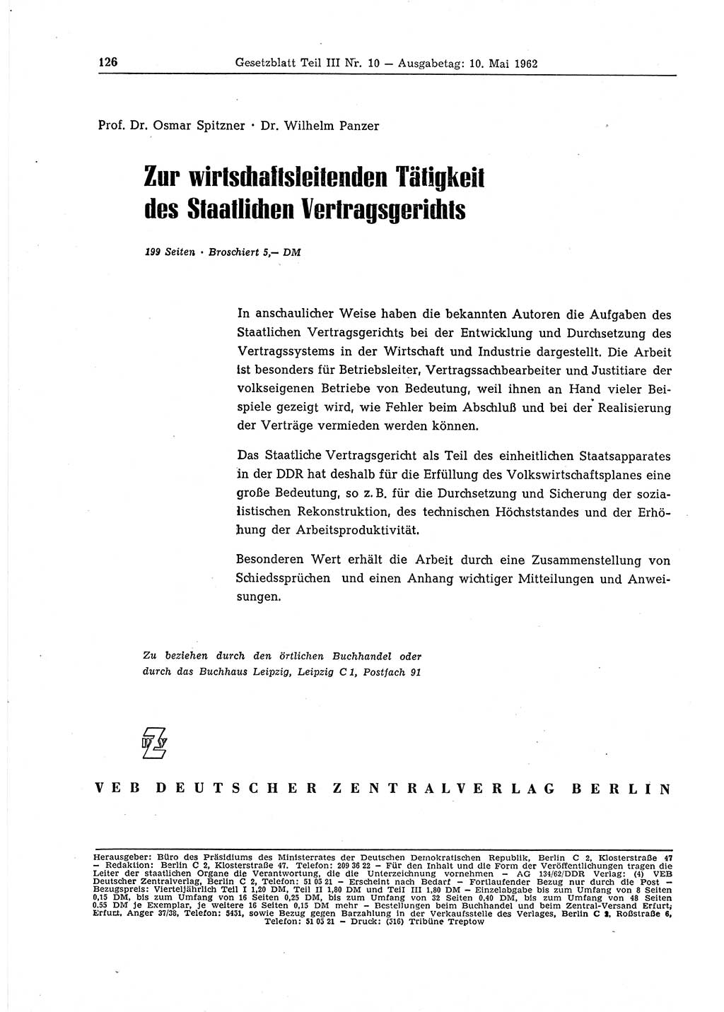 Gesetzblatt (GBl.) der Deutschen Demokratischen Republik (DDR) Teil ⅠⅠⅠ 1962, Seite 126 (GBl. DDR ⅠⅠⅠ 1962, S. 126)