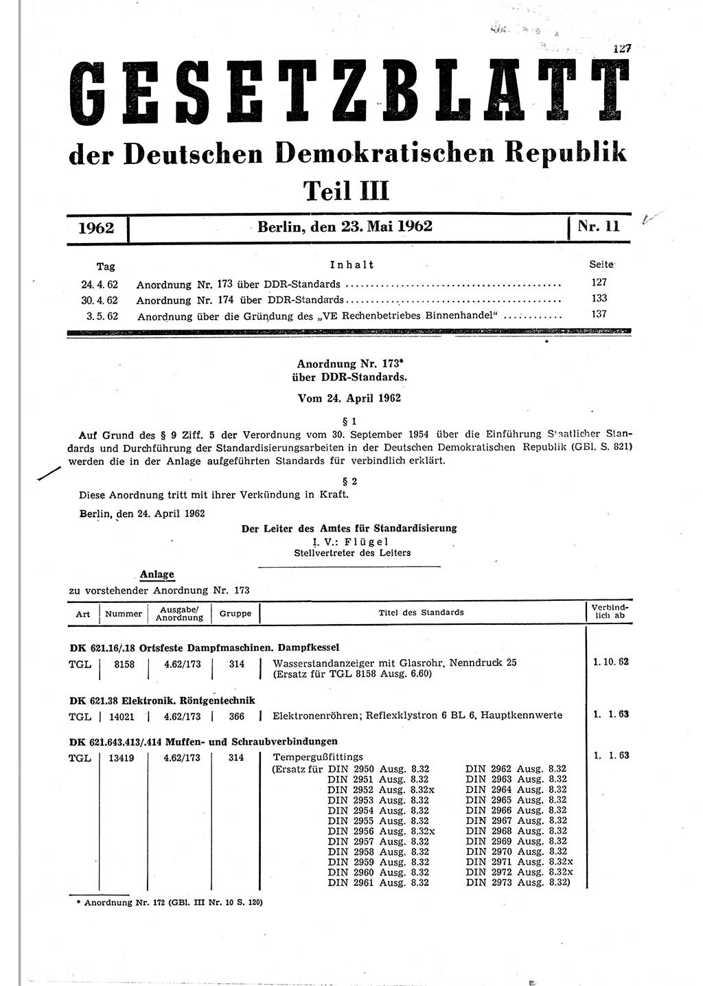Gesetzblatt (GBl.) der Deutschen Demokratischen Republik (DDR) Teil ⅠⅠⅠ 1962, Seite 127 (GBl. DDR ⅠⅠⅠ 1962, S. 127)