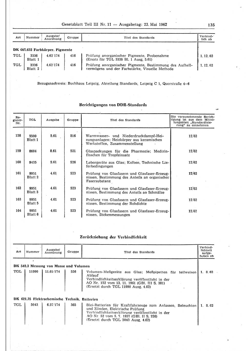 Gesetzblatt (GBl.) der Deutschen Demokratischen Republik (DDR) Teil ⅠⅠⅠ 1962, Seite 135 (GBl. DDR ⅠⅠⅠ 1962, S. 135)