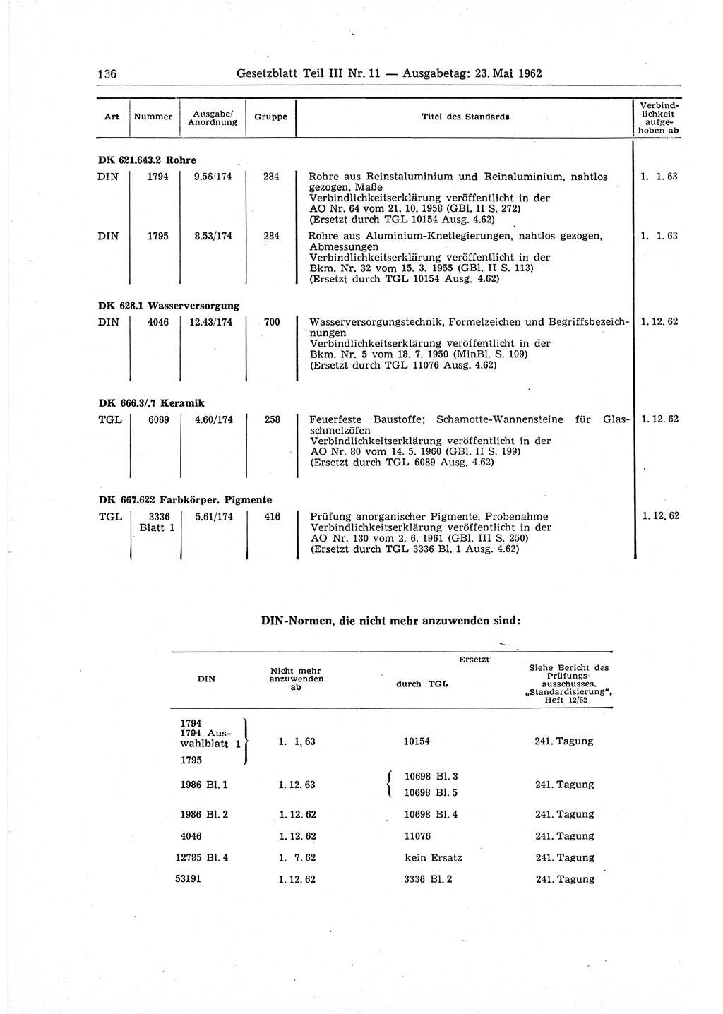 Gesetzblatt (GBl.) der Deutschen Demokratischen Republik (DDR) Teil ⅠⅠⅠ 1962, Seite 136 (GBl. DDR ⅠⅠⅠ 1962, S. 136)