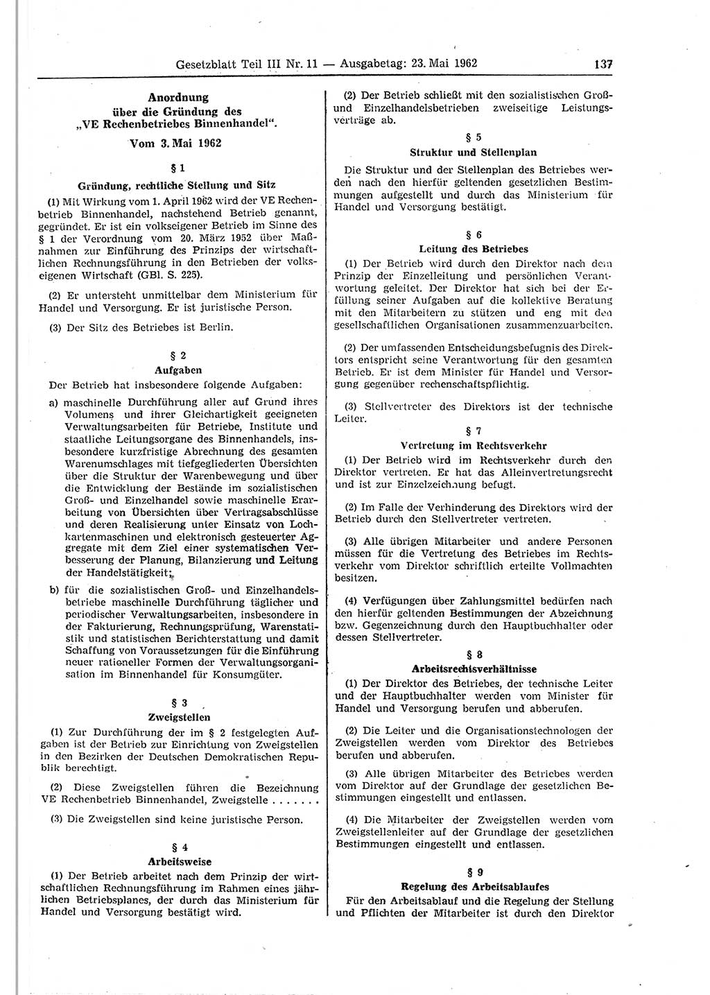Gesetzblatt (GBl.) der Deutschen Demokratischen Republik (DDR) Teil ⅠⅠⅠ 1962, Seite 137 (GBl. DDR ⅠⅠⅠ 1962, S. 137)