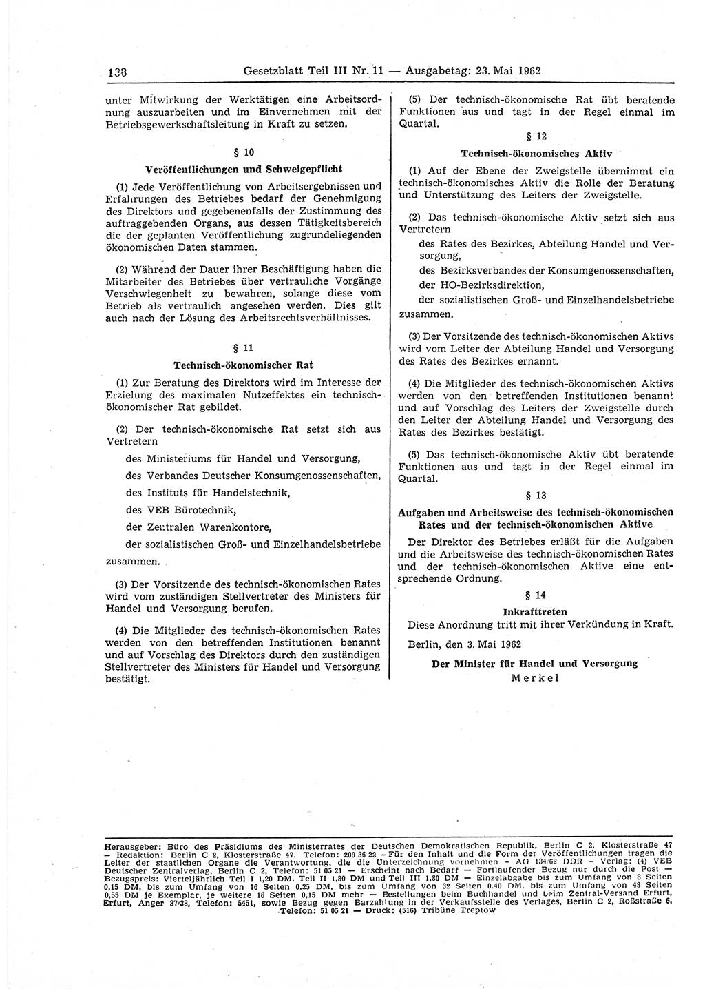 Gesetzblatt (GBl.) der Deutschen Demokratischen Republik (DDR) Teil ⅠⅠⅠ 1962, Seite 138 (GBl. DDR ⅠⅠⅠ 1962, S. 138)