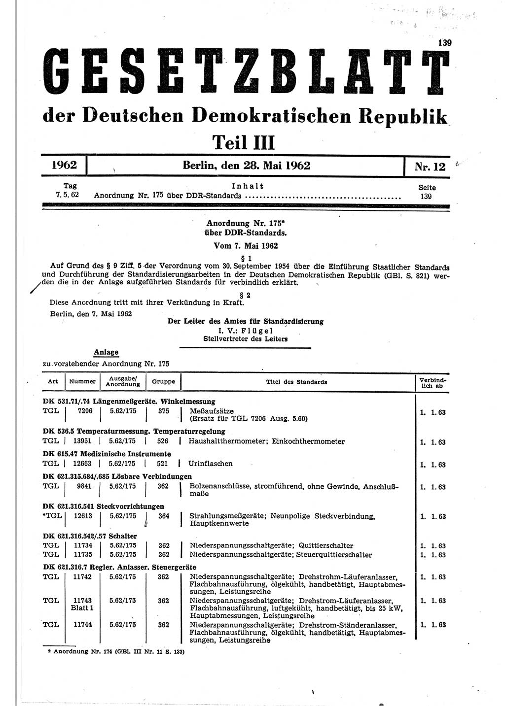 Gesetzblatt (GBl.) der Deutschen Demokratischen Republik (DDR) Teil ⅠⅠⅠ 1962, Seite 139 (GBl. DDR ⅠⅠⅠ 1962, S. 139)