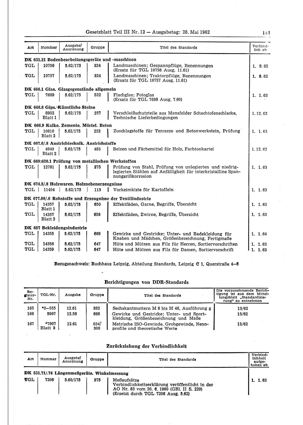 Gesetzblatt (GBl.) der Deutschen Demokratischen Republik (DDR) Teil ⅠⅠⅠ 1962, Seite 141 (GBl. DDR ⅠⅠⅠ 1962, S. 141)