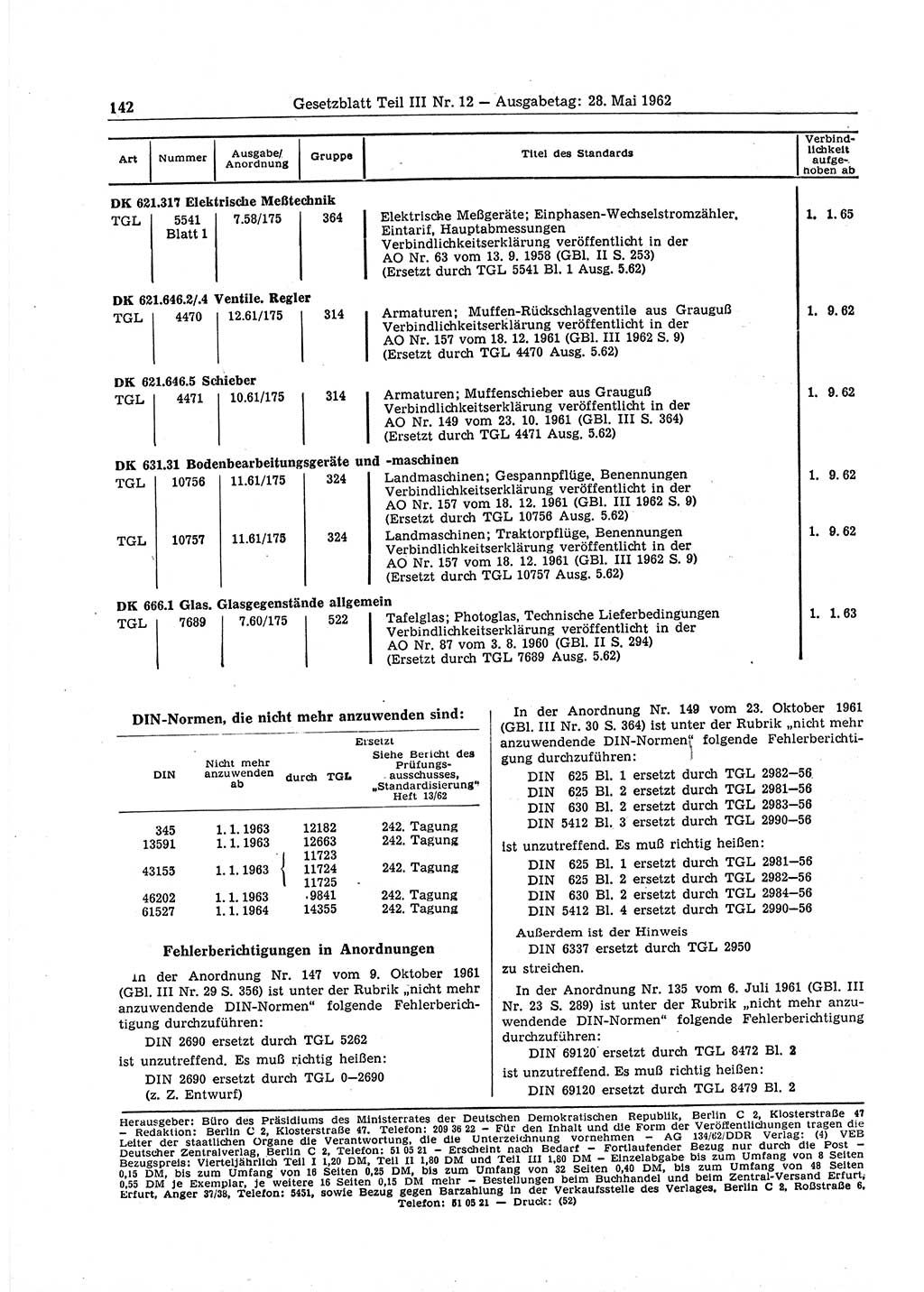 Gesetzblatt (GBl.) der Deutschen Demokratischen Republik (DDR) Teil ⅠⅠⅠ 1962, Seite 142 (GBl. DDR ⅠⅠⅠ 1962, S. 142)