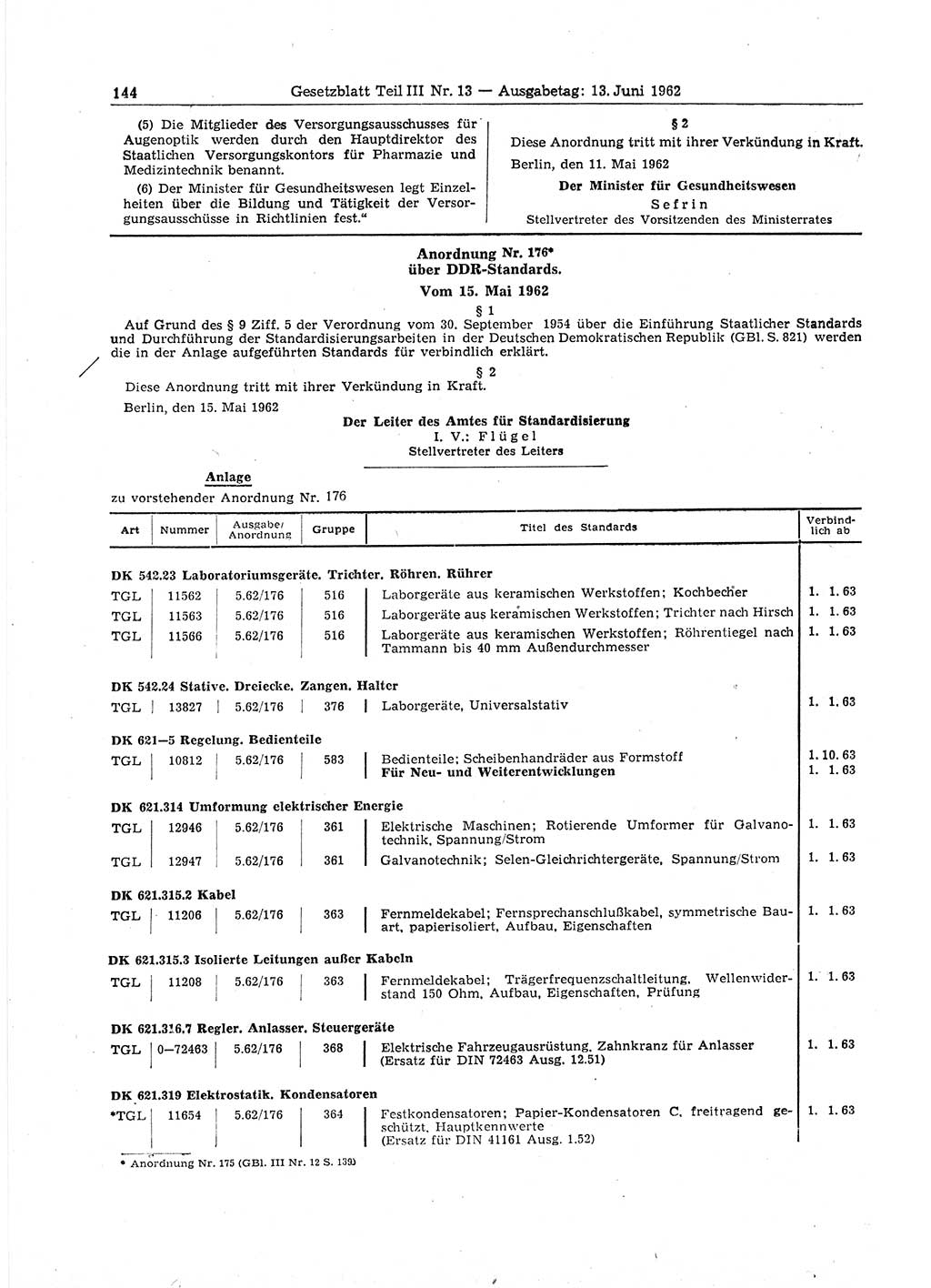 Gesetzblatt (GBl.) der Deutschen Demokratischen Republik (DDR) Teil ⅠⅠⅠ 1962, Seite 144 (GBl. DDR ⅠⅠⅠ 1962, S. 144)