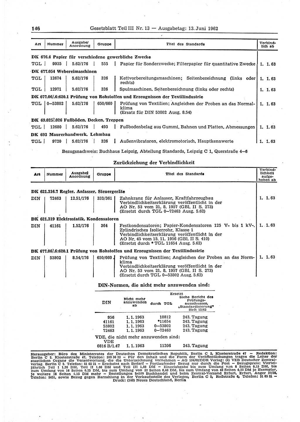 Gesetzblatt (GBl.) der Deutschen Demokratischen Republik (DDR) Teil ⅠⅠⅠ 1962, Seite 146 (GBl. DDR ⅠⅠⅠ 1962, S. 146)