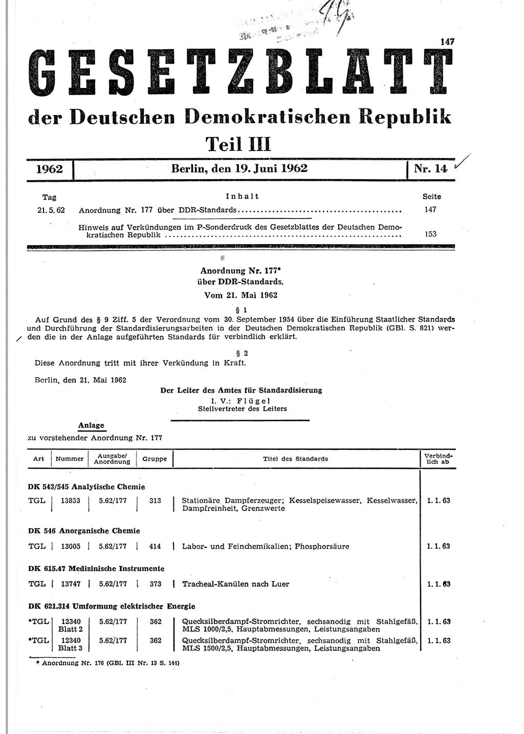 Gesetzblatt (GBl.) der Deutschen Demokratischen Republik (DDR) Teil ⅠⅠⅠ 1962, Seite 147 (GBl. DDR ⅠⅠⅠ 1962, S. 147)