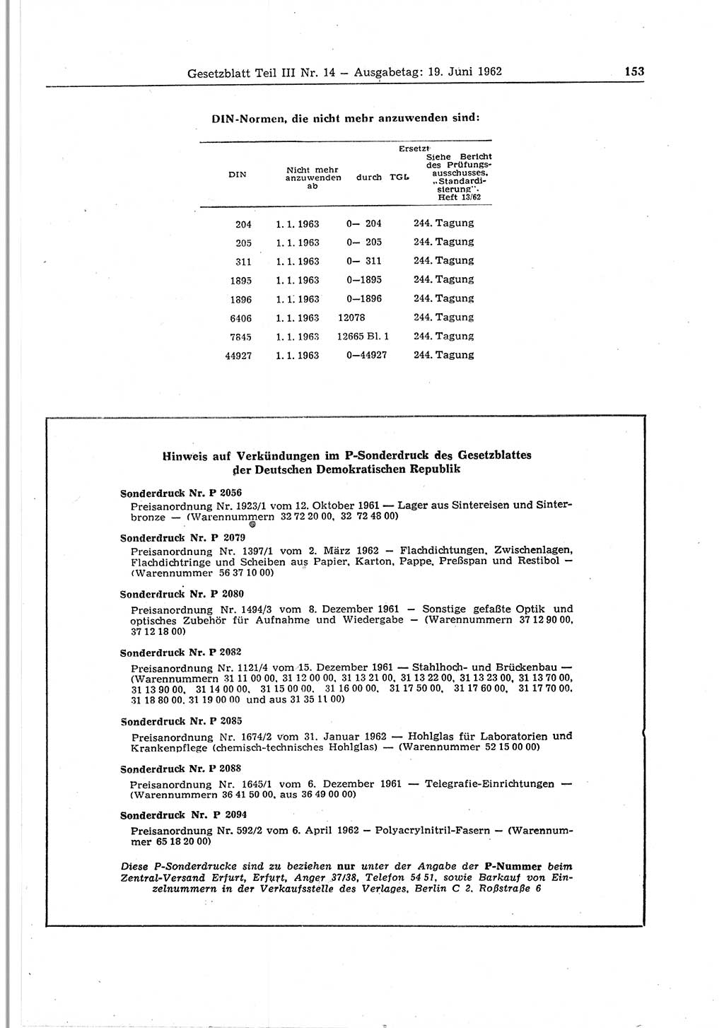 Gesetzblatt (GBl.) der Deutschen Demokratischen Republik (DDR) Teil ⅠⅠⅠ 1962, Seite 153 (GBl. DDR ⅠⅠⅠ 1962, S. 153)