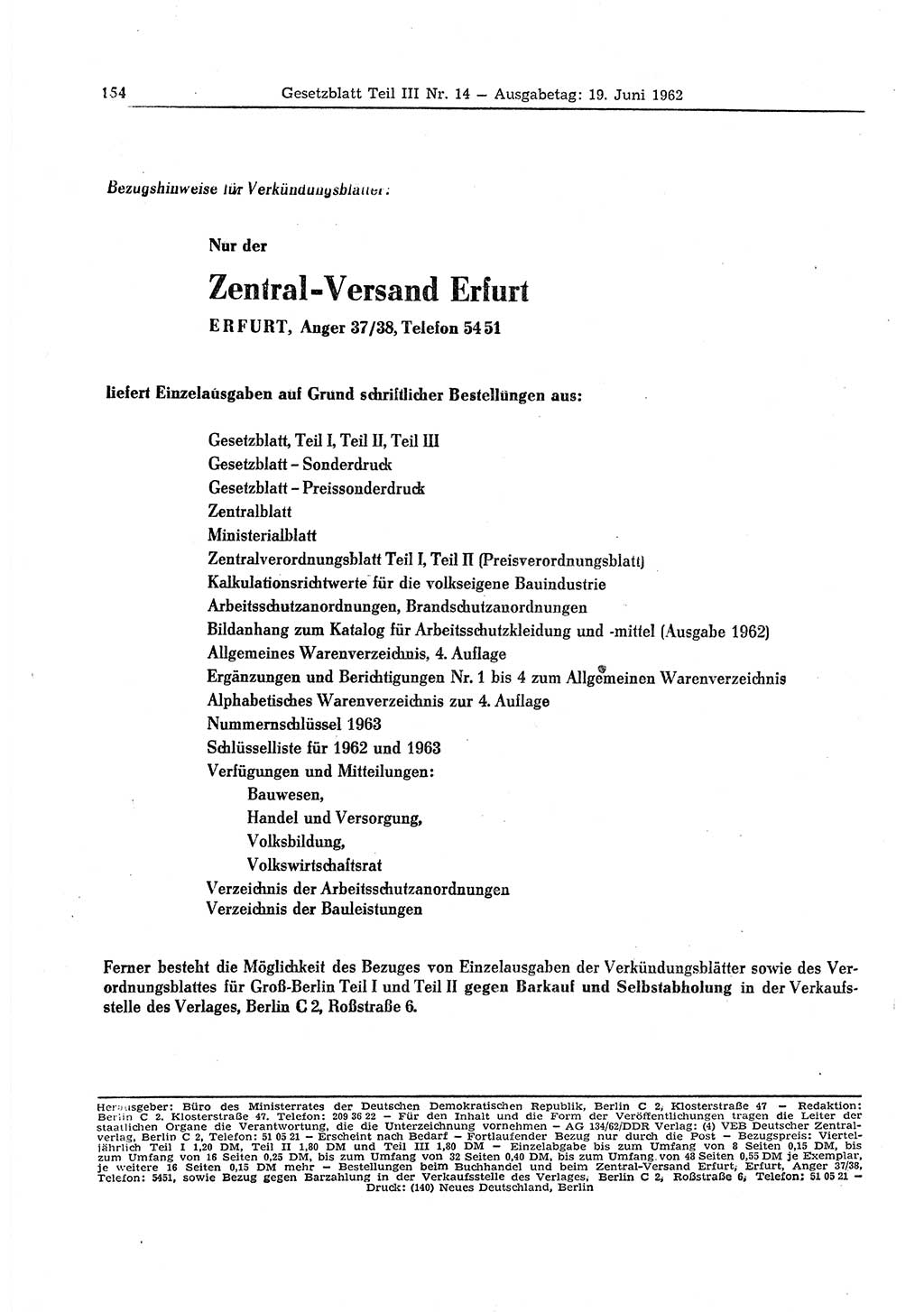 Gesetzblatt (GBl.) der Deutschen Demokratischen Republik (DDR) Teil ⅠⅠⅠ 1962, Seite 154 (GBl. DDR ⅠⅠⅠ 1962, S. 154)