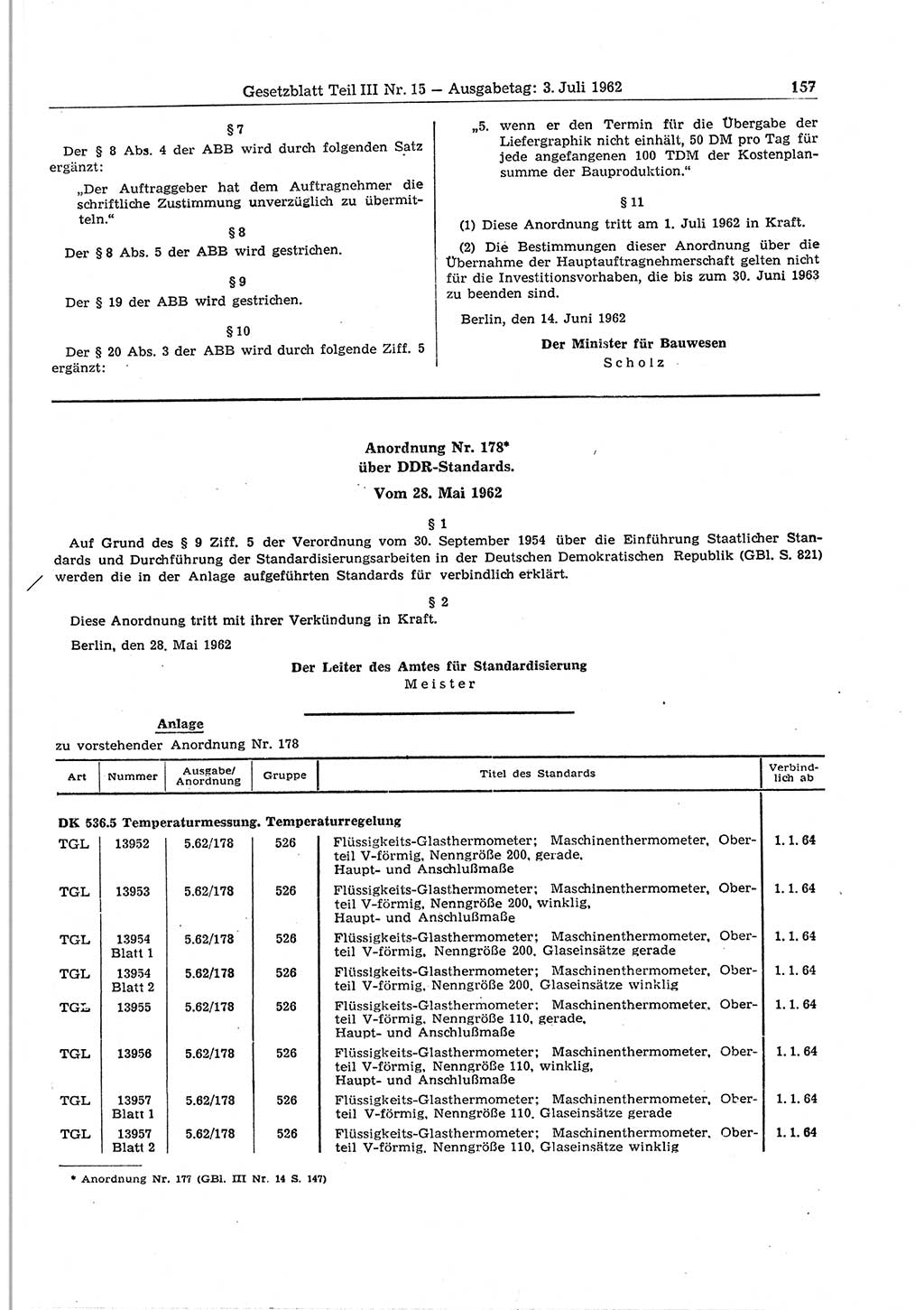 Gesetzblatt (GBl.) der Deutschen Demokratischen Republik (DDR) Teil ⅠⅠⅠ 1962, Seite 157 (GBl. DDR ⅠⅠⅠ 1962, S. 157)