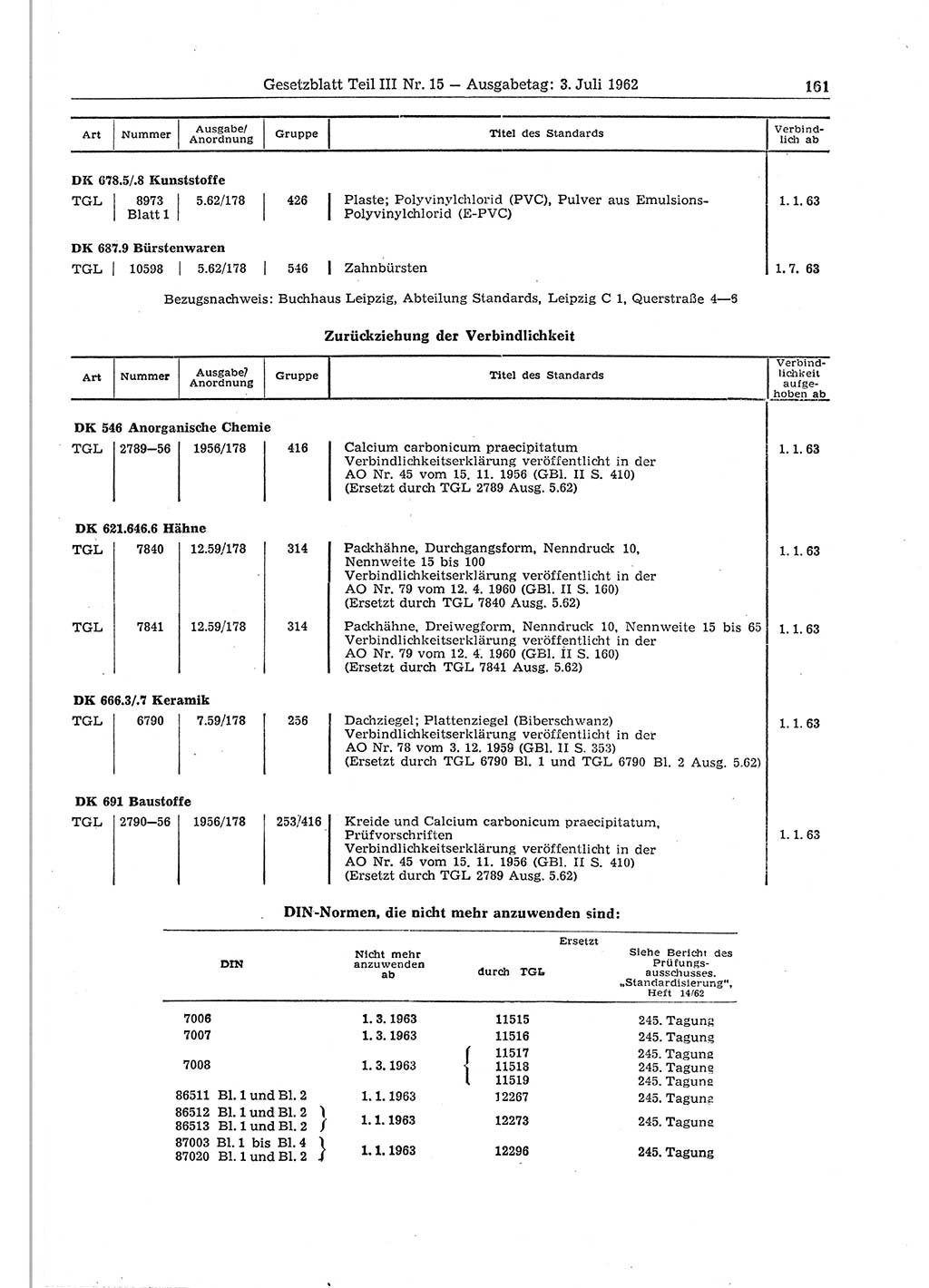 Gesetzblatt (GBl.) der Deutschen Demokratischen Republik (DDR) Teil ⅠⅠⅠ 1962, Seite 161 (GBl. DDR ⅠⅠⅠ 1962, S. 161)