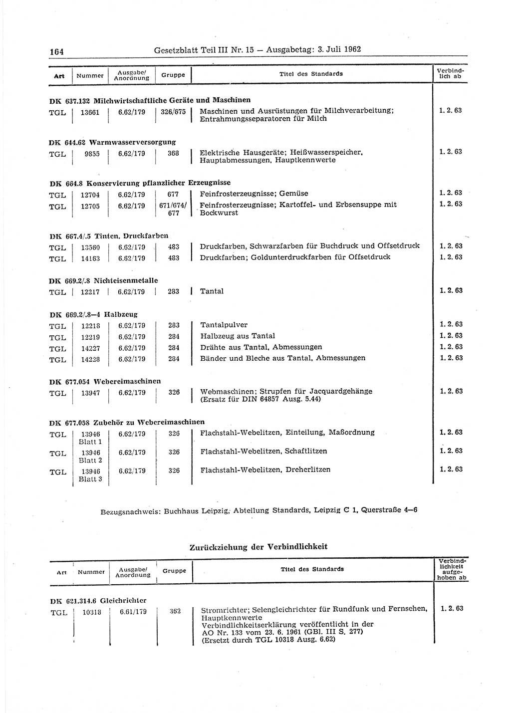 Gesetzblatt (GBl.) der Deutschen Demokratischen Republik (DDR) Teil ⅠⅠⅠ 1962, Seite 164 (GBl. DDR ⅠⅠⅠ 1962, S. 164)