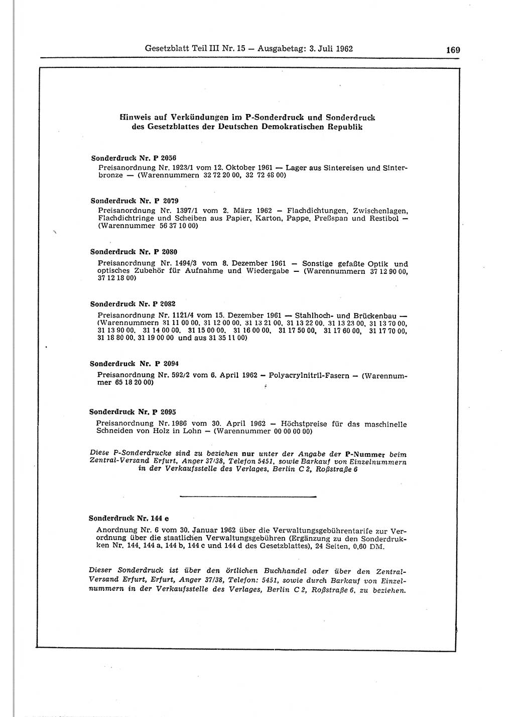 Gesetzblatt (GBl.) der Deutschen Demokratischen Republik (DDR) Teil ⅠⅠⅠ 1962, Seite 169 (GBl. DDR ⅠⅠⅠ 1962, S. 169)