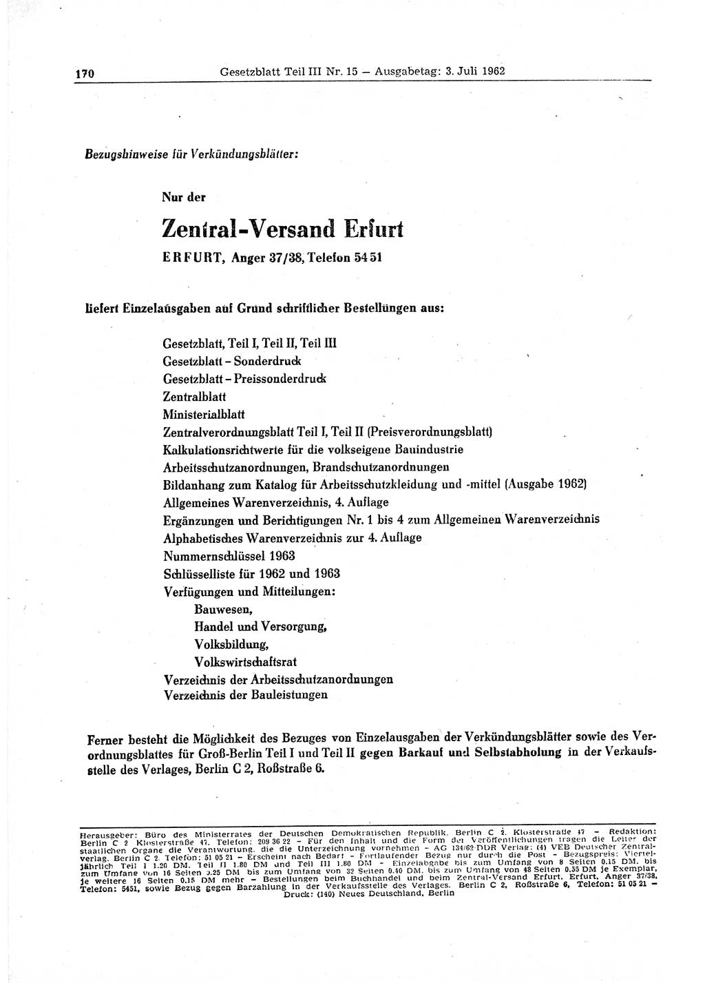 Gesetzblatt (GBl.) der Deutschen Demokratischen Republik (DDR) Teil ⅠⅠⅠ 1962, Seite 170 (GBl. DDR ⅠⅠⅠ 1962, S. 170)