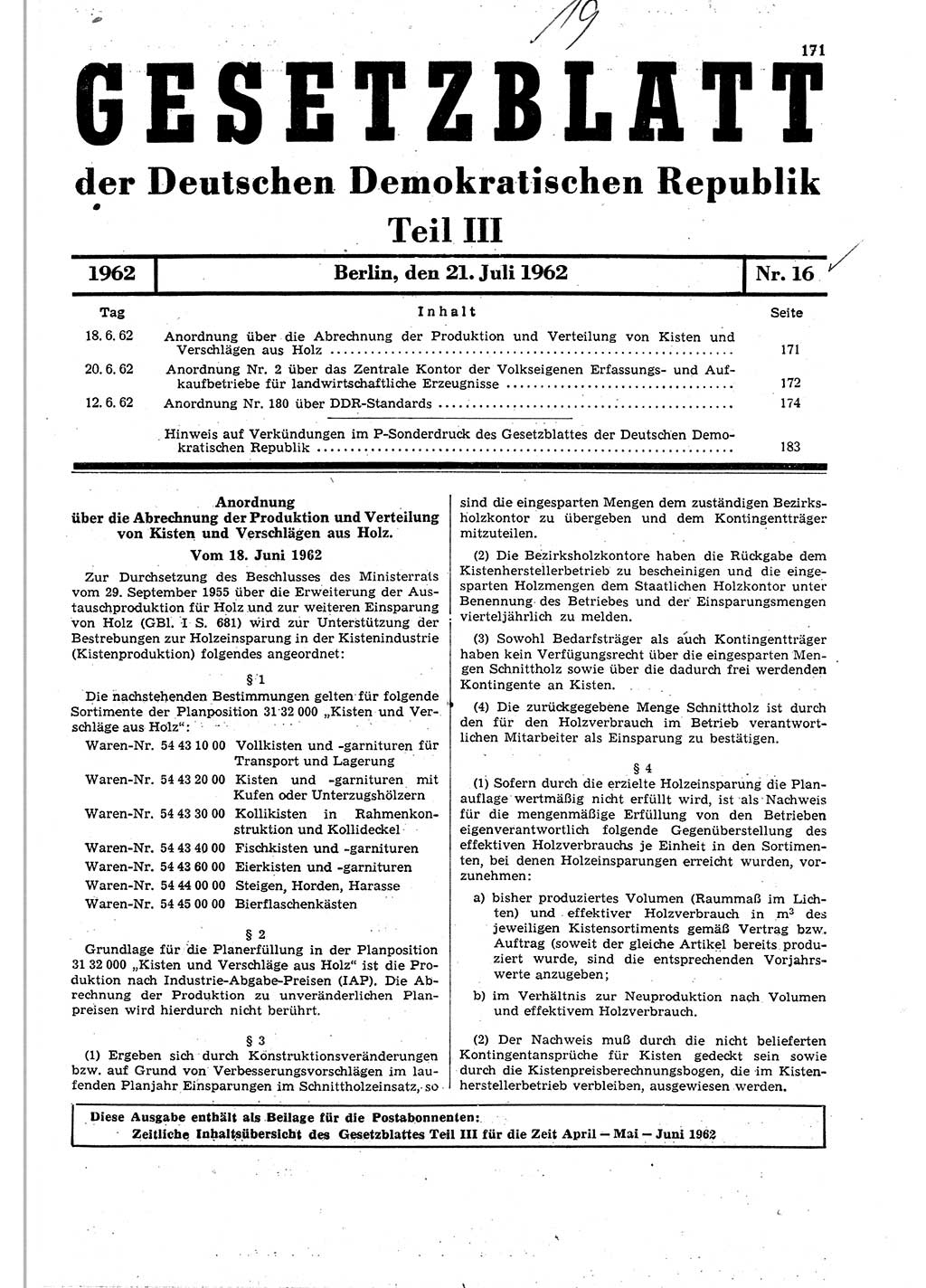 Gesetzblatt (GBl.) der Deutschen Demokratischen Republik (DDR) Teil ⅠⅠⅠ 1962, Seite 171 (GBl. DDR ⅠⅠⅠ 1962, S. 171)