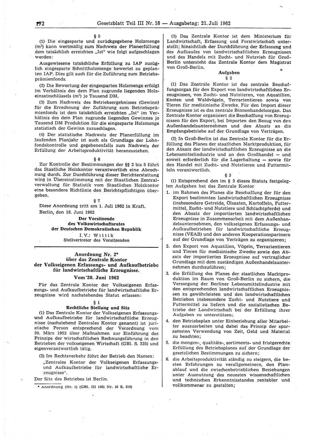 Gesetzblatt (GBl.) der Deutschen Demokratischen Republik (DDR) Teil ⅠⅠⅠ 1962, Seite 172 (GBl. DDR ⅠⅠⅠ 1962, S. 172)