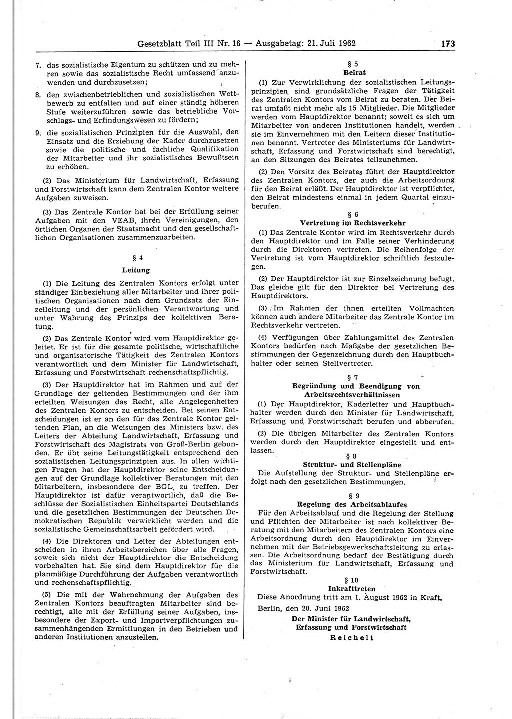 Gesetzblatt (GBl.) der Deutschen Demokratischen Republik (DDR) Teil ⅠⅠⅠ 1962, Seite 173 (GBl. DDR ⅠⅠⅠ 1962, S. 173)