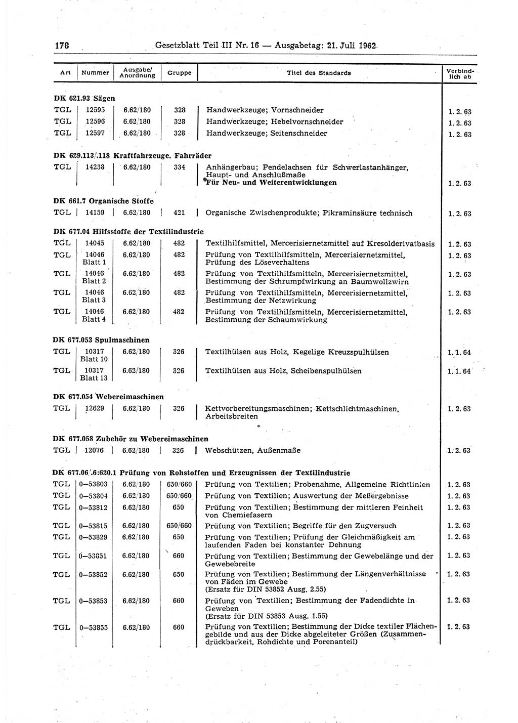 Gesetzblatt (GBl.) der Deutschen Demokratischen Republik (DDR) Teil ⅠⅠⅠ 1962, Seite 178 (GBl. DDR ⅠⅠⅠ 1962, S. 178)