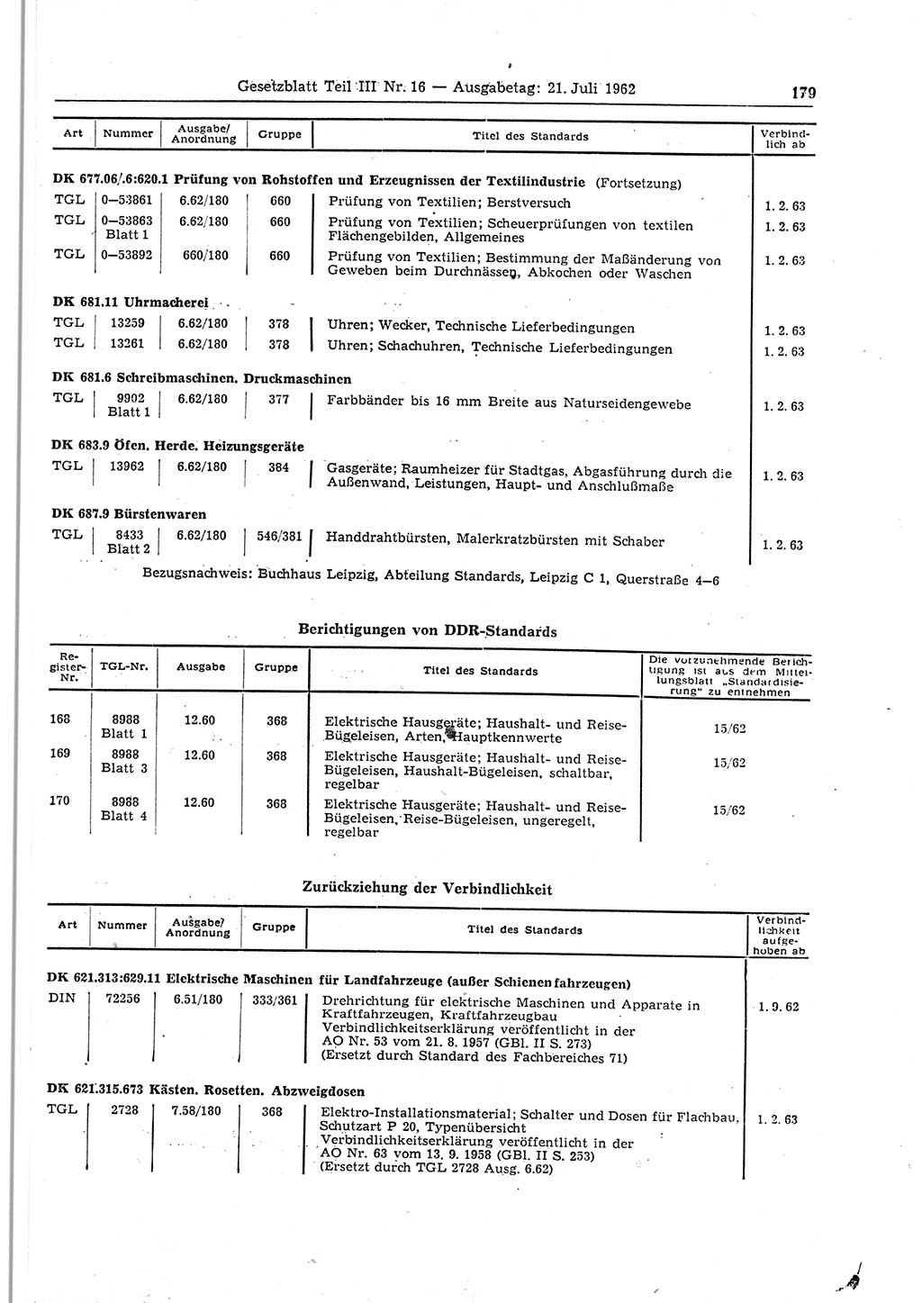Gesetzblatt (GBl.) der Deutschen Demokratischen Republik (DDR) Teil ⅠⅠⅠ 1962, Seite 179 (GBl. DDR ⅠⅠⅠ 1962, S. 179)