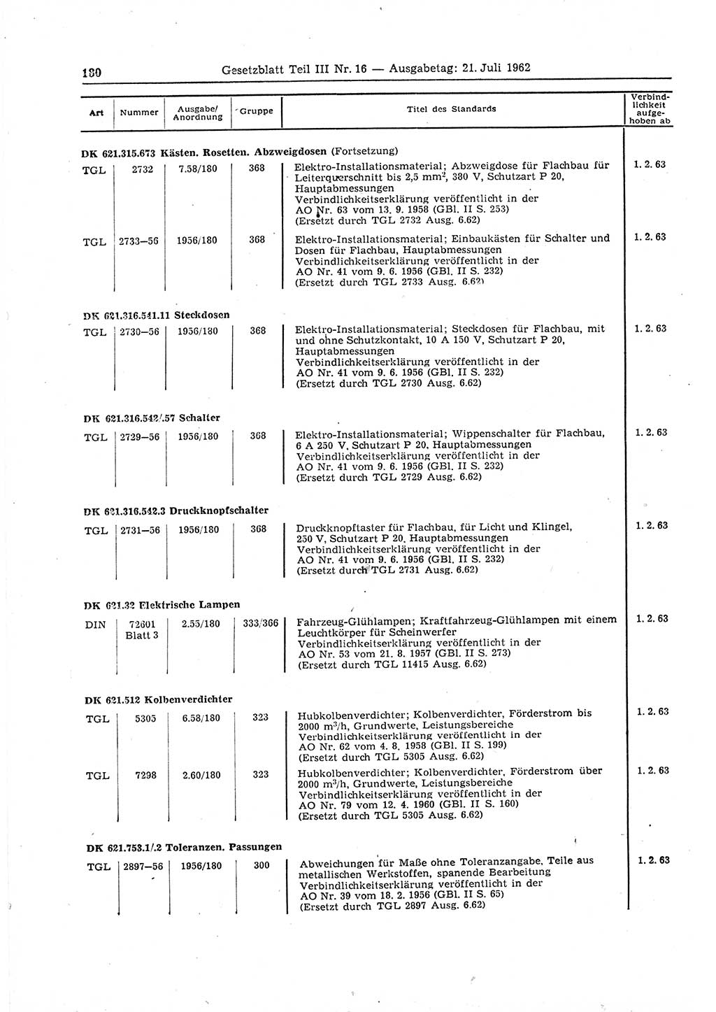 Gesetzblatt (GBl.) der Deutschen Demokratischen Republik (DDR) Teil ⅠⅠⅠ 1962, Seite 180 (GBl. DDR ⅠⅠⅠ 1962, S. 180)