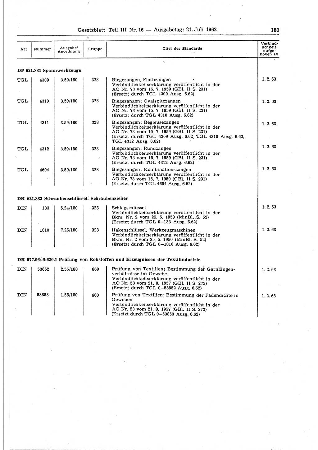 Gesetzblatt (GBl.) der Deutschen Demokratischen Republik (DDR) Teil ⅠⅠⅠ 1962, Seite 181 (GBl. DDR ⅠⅠⅠ 1962, S. 181)