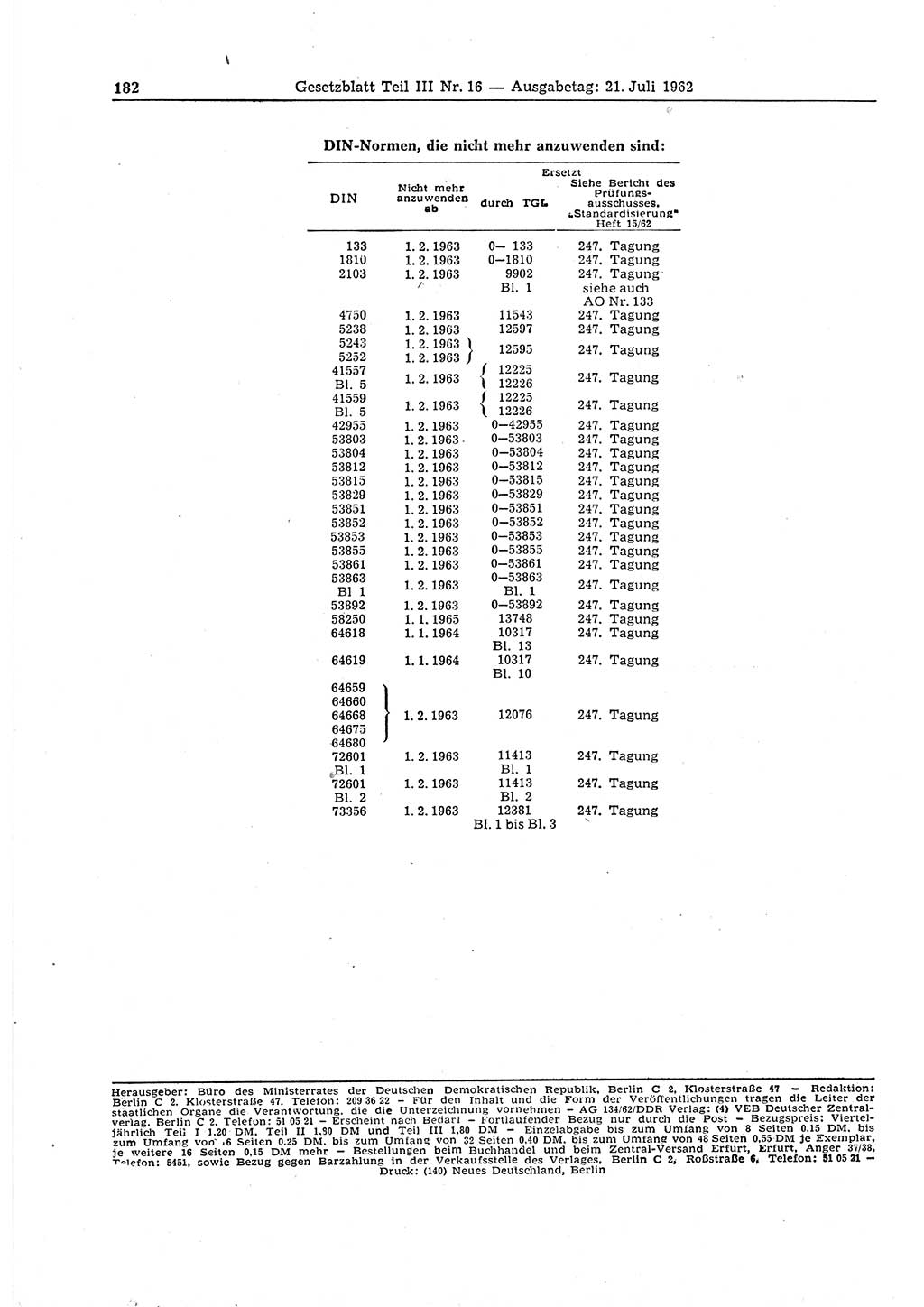 Gesetzblatt (GBl.) der Deutschen Demokratischen Republik (DDR) Teil ⅠⅠⅠ 1962, Seite 182 (GBl. DDR ⅠⅠⅠ 1962, S. 182)