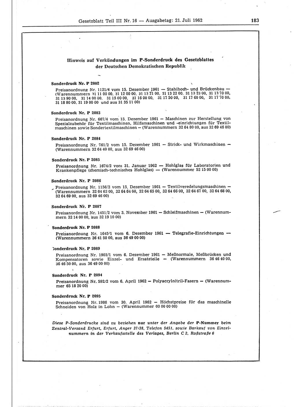 Gesetzblatt (GBl.) der Deutschen Demokratischen Republik (DDR) Teil ⅠⅠⅠ 1962, Seite 183 (GBl. DDR ⅠⅠⅠ 1962, S. 183)