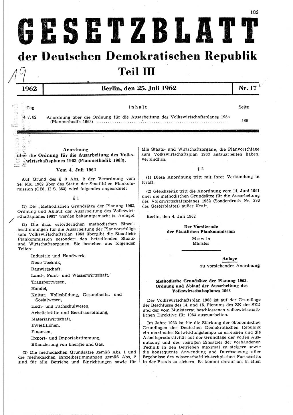 Gesetzblatt (GBl.) der Deutschen Demokratischen Republik (DDR) Teil ⅠⅠⅠ 1962, Seite 185 (GBl. DDR ⅠⅠⅠ 1962, S. 185)