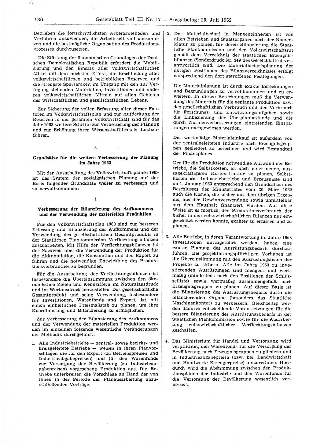 Gesetzblatt (GBl.) der Deutschen Demokratischen Republik (DDR) Teil ⅠⅠⅠ 1962, Seite 186 (GBl. DDR ⅠⅠⅠ 1962, S. 186)