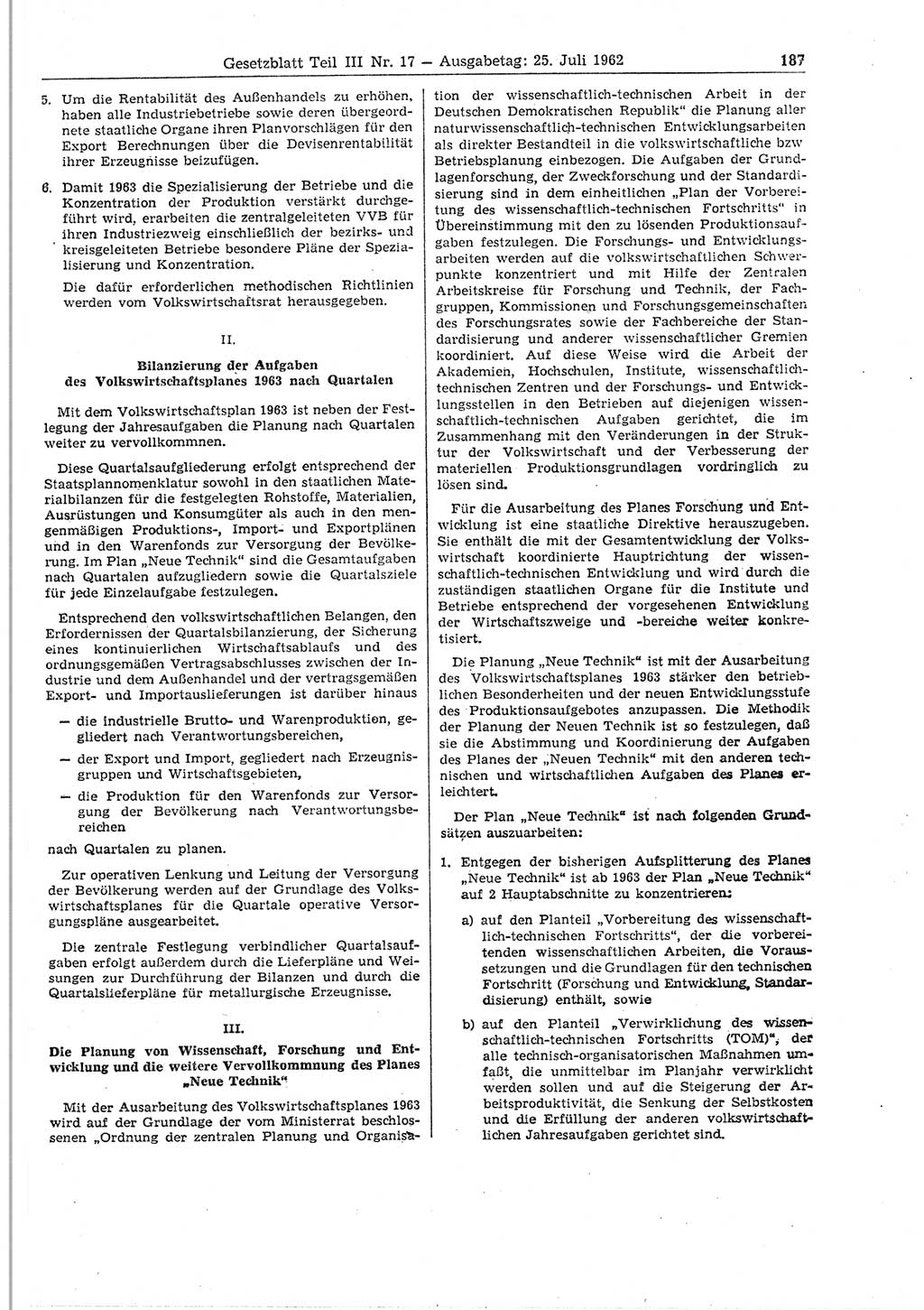 Gesetzblatt (GBl.) der Deutschen Demokratischen Republik (DDR) Teil ⅠⅠⅠ 1962, Seite 187 (GBl. DDR ⅠⅠⅠ 1962, S. 187)