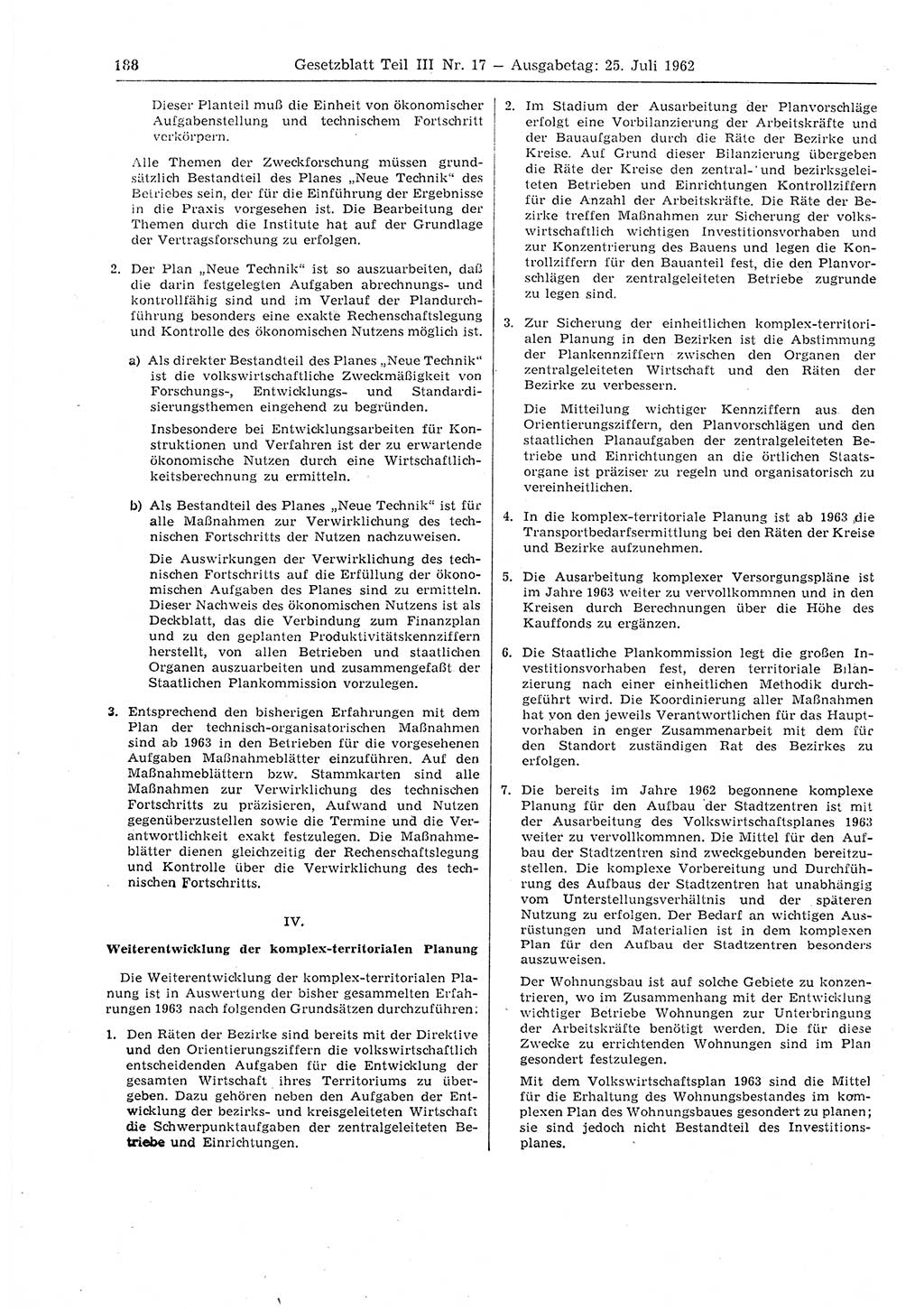 Gesetzblatt (GBl.) der Deutschen Demokratischen Republik (DDR) Teil ⅠⅠⅠ 1962, Seite 188 (GBl. DDR ⅠⅠⅠ 1962, S. 188)