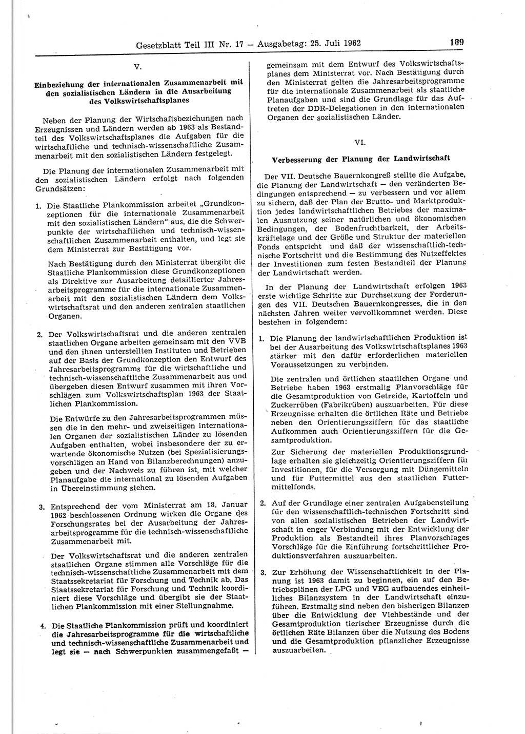 Gesetzblatt (GBl.) der Deutschen Demokratischen Republik (DDR) Teil ⅠⅠⅠ 1962, Seite 189 (GBl. DDR ⅠⅠⅠ 1962, S. 189)