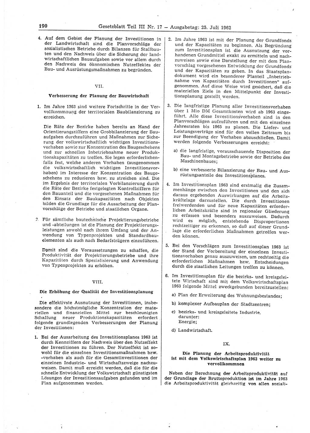 Gesetzblatt (GBl.) der Deutschen Demokratischen Republik (DDR) Teil ⅠⅠⅠ 1962, Seite 190 (GBl. DDR ⅠⅠⅠ 1962, S. 190)