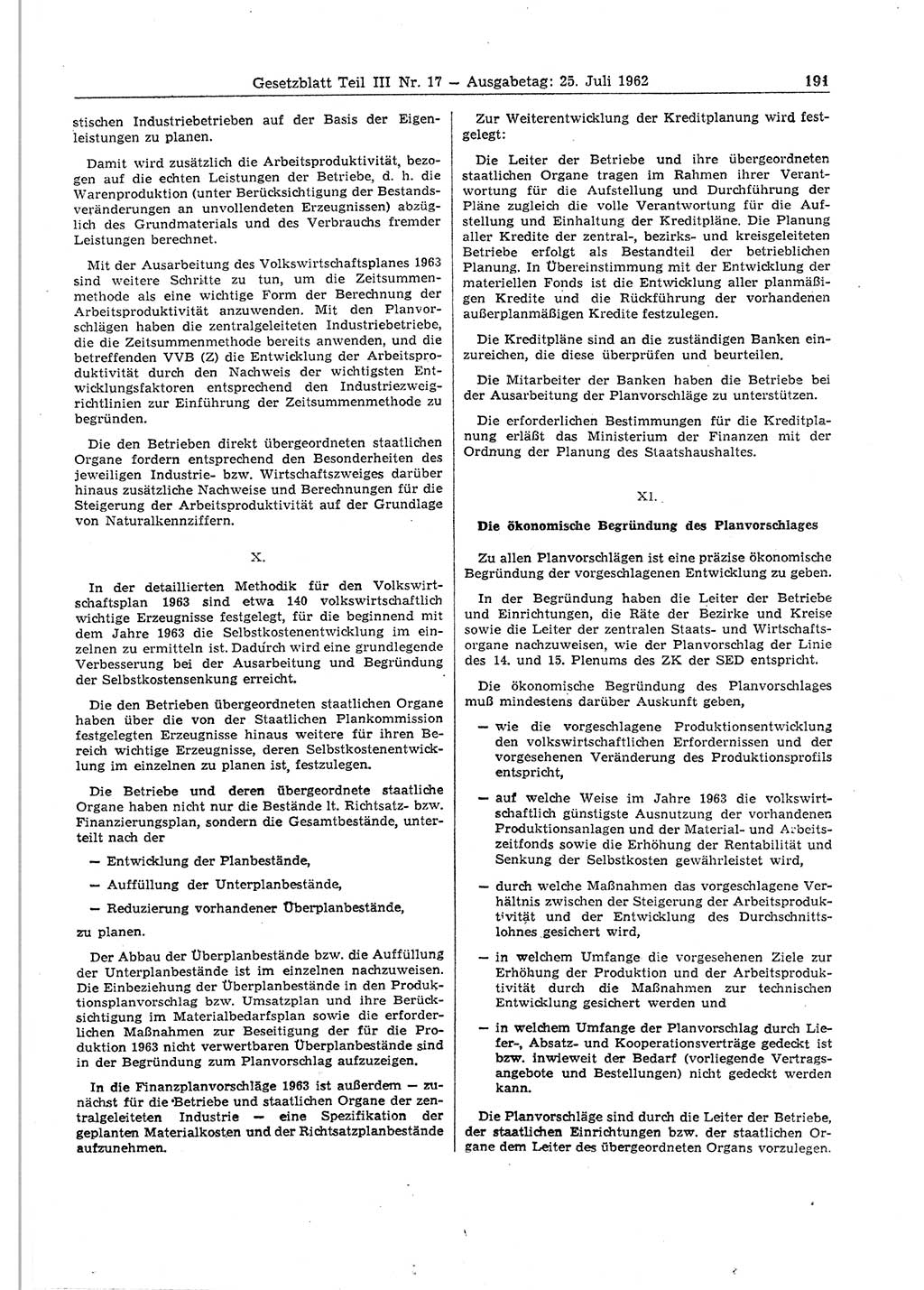 Gesetzblatt (GBl.) der Deutschen Demokratischen Republik (DDR) Teil ⅠⅠⅠ 1962, Seite 191 (GBl. DDR ⅠⅠⅠ 1962, S. 191)