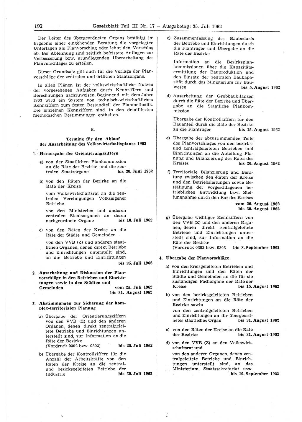 Gesetzblatt (GBl.) der Deutschen Demokratischen Republik (DDR) Teil ⅠⅠⅠ 1962, Seite 192 (GBl. DDR ⅠⅠⅠ 1962, S. 192)