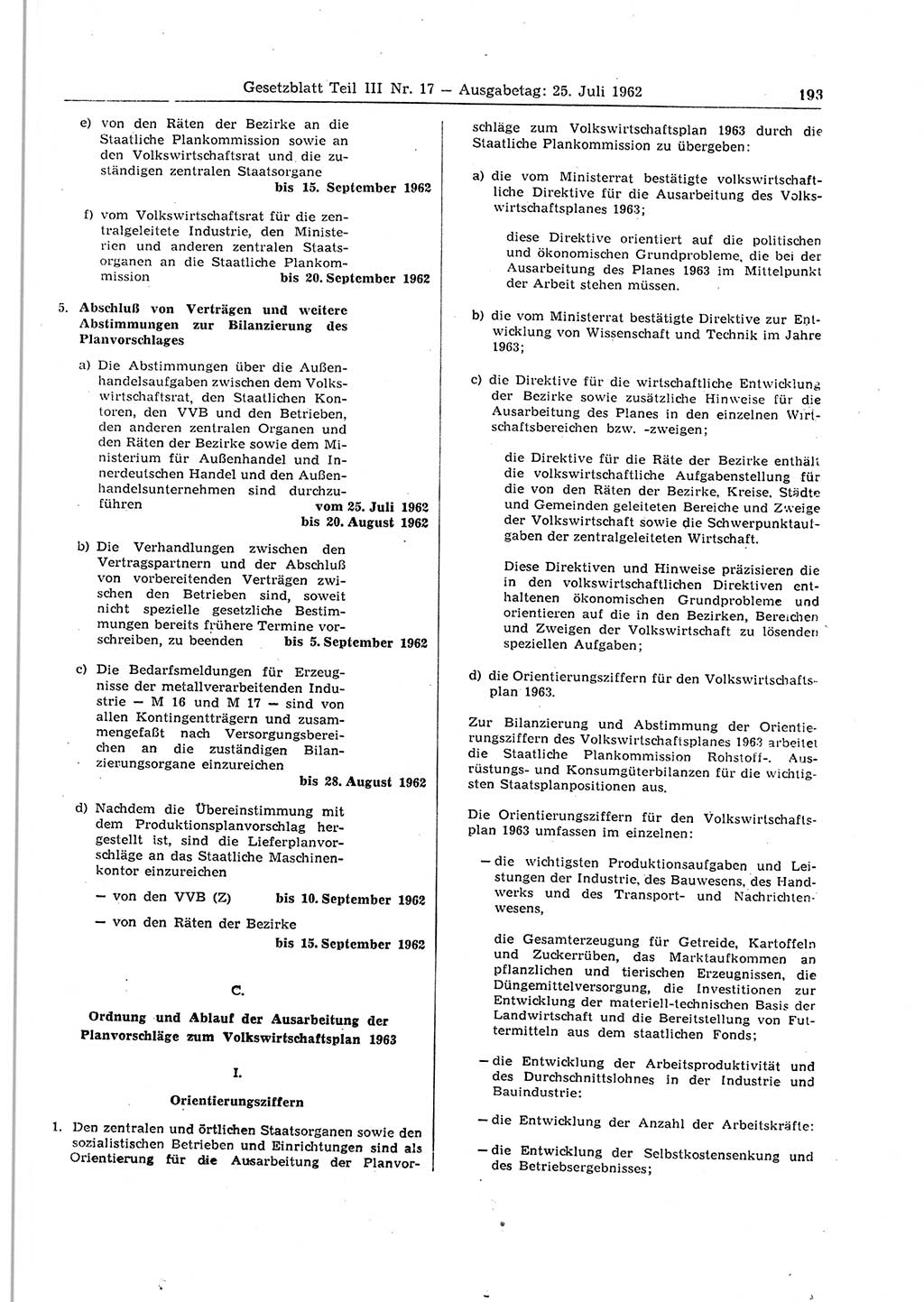 Gesetzblatt (GBl.) der Deutschen Demokratischen Republik (DDR) Teil ⅠⅠⅠ 1962, Seite 193 (GBl. DDR ⅠⅠⅠ 1962, S. 193)