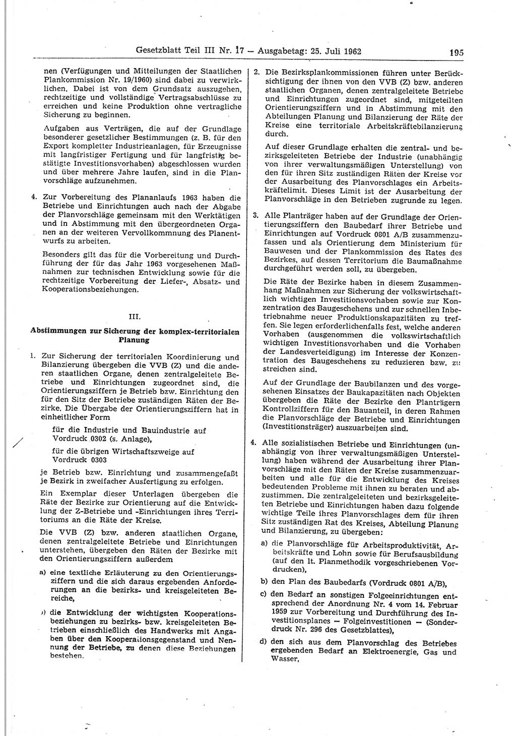 Gesetzblatt (GBl.) der Deutschen Demokratischen Republik (DDR) Teil ⅠⅠⅠ 1962, Seite 195 (GBl. DDR ⅠⅠⅠ 1962, S. 195)