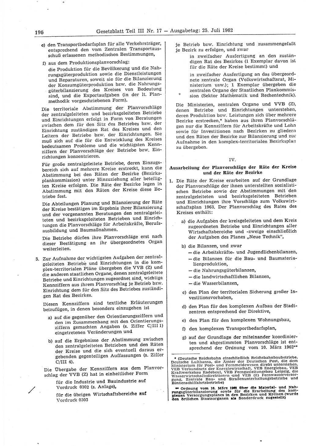 Gesetzblatt (GBl.) der Deutschen Demokratischen Republik (DDR) Teil ⅠⅠⅠ 1962, Seite 196 (GBl. DDR ⅠⅠⅠ 1962, S. 196)