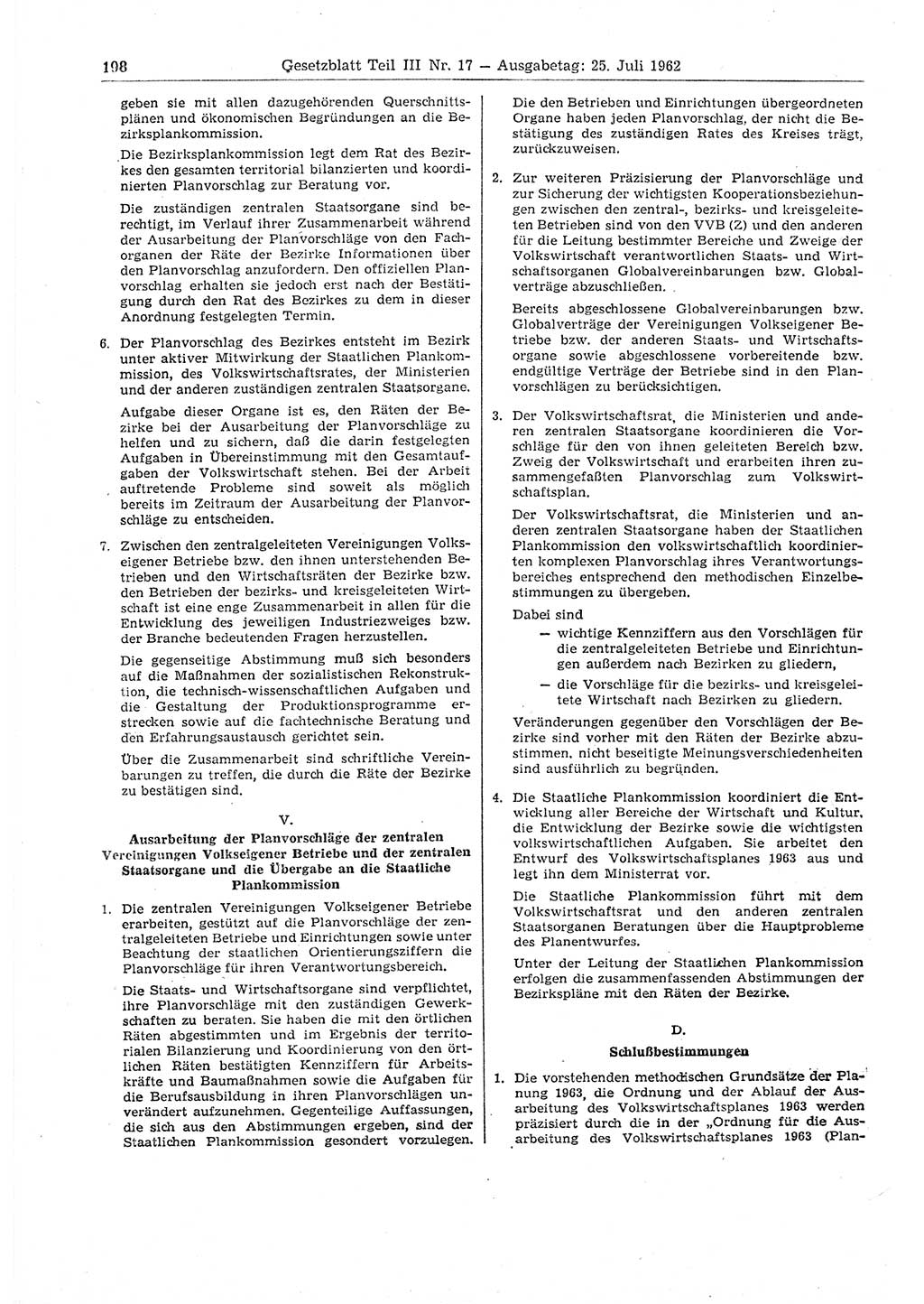 Gesetzblatt (GBl.) der Deutschen Demokratischen Republik (DDR) Teil ⅠⅠⅠ 1962, Seite 198 (GBl. DDR ⅠⅠⅠ 1962, S. 198)