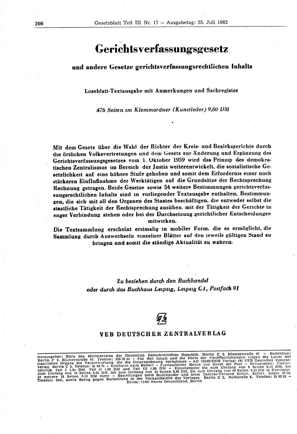 Gesetzblatt (GBl.) der Deutschen Demokratischen Republik (DDR) Teil ⅠⅠⅠ 1962, Seite 200 (GBl. DDR ⅠⅠⅠ 1962, S. 200)