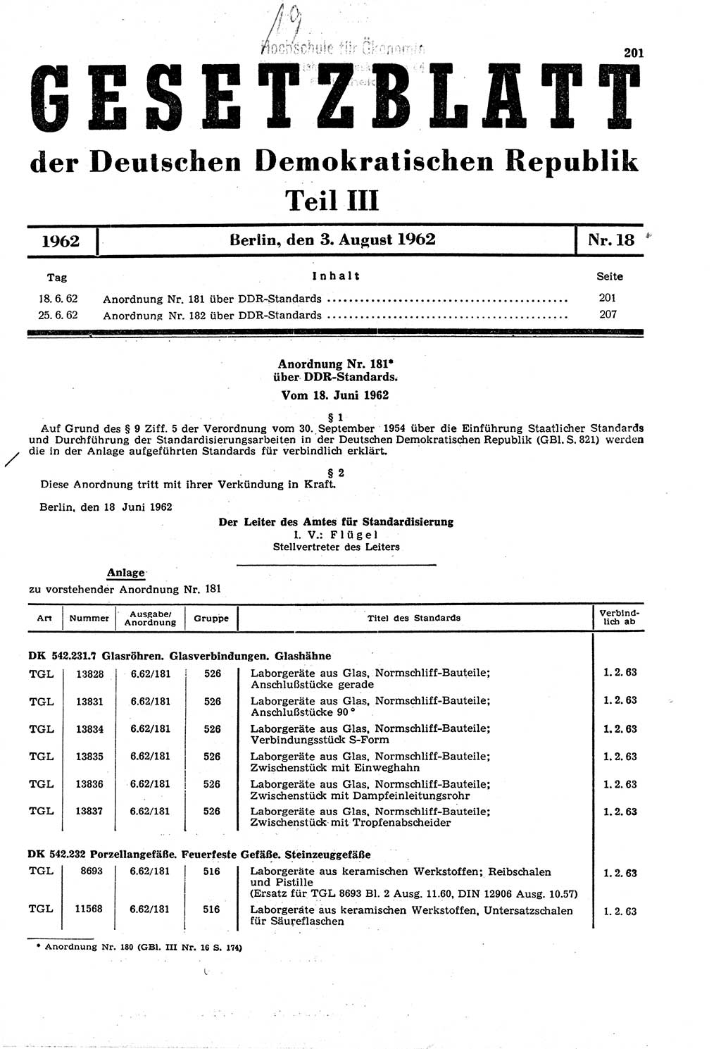 Gesetzblatt (GBl.) der Deutschen Demokratischen Republik (DDR) Teil ⅠⅠⅠ 1962, Seite 201 (GBl. DDR ⅠⅠⅠ 1962, S. 201)