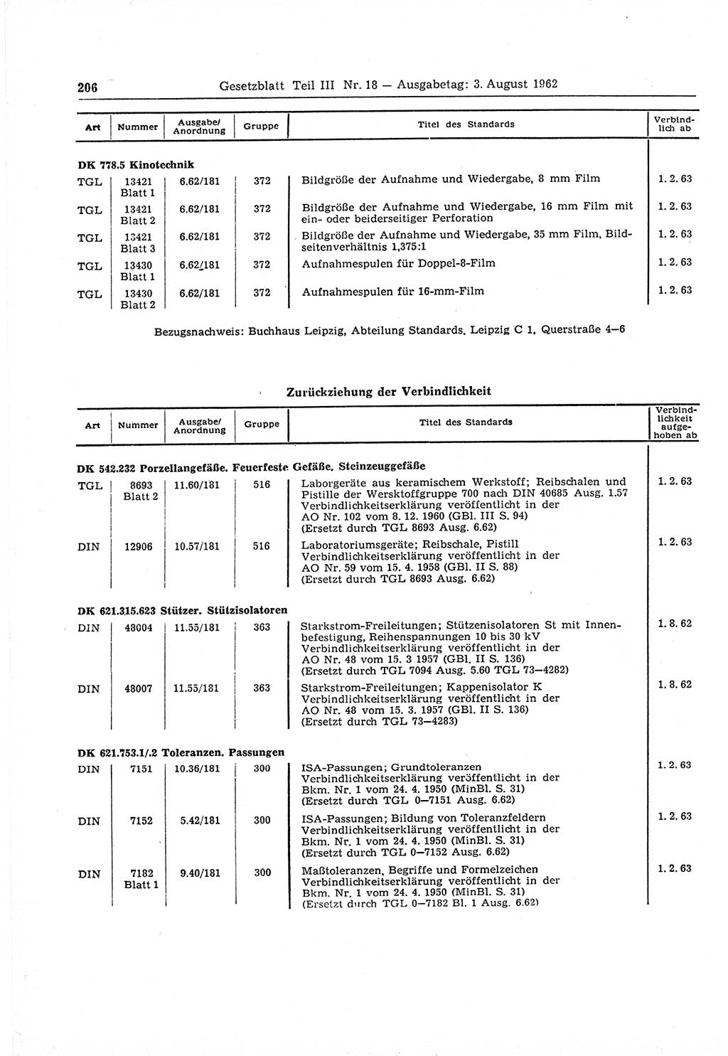 Gesetzblatt (GBl.) der Deutschen Demokratischen Republik (DDR) Teil ⅠⅠⅠ 1962, Seite 206 (GBl. DDR ⅠⅠⅠ 1962, S. 206)