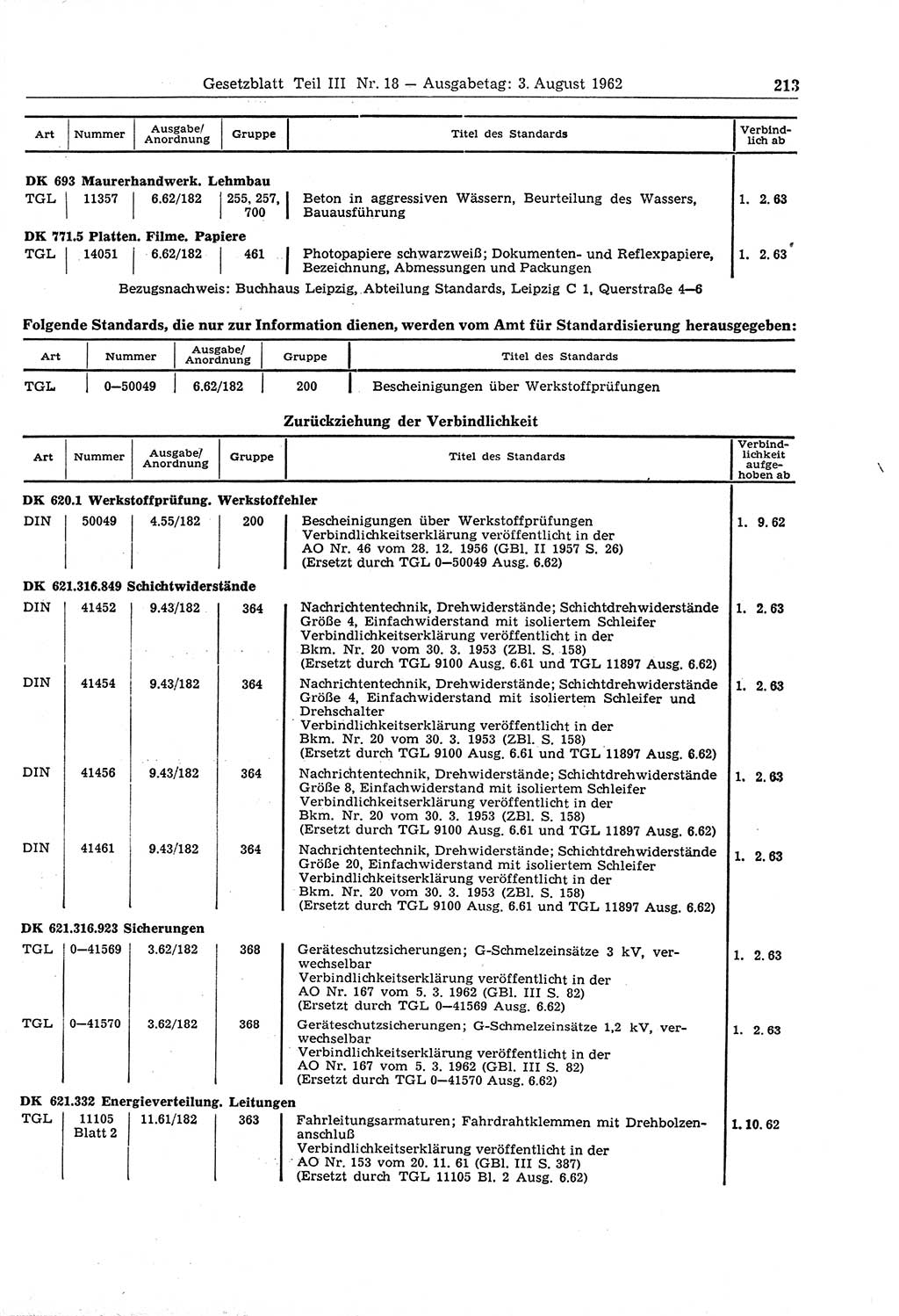 Gesetzblatt (GBl.) der Deutschen Demokratischen Republik (DDR) Teil ⅠⅠⅠ 1962, Seite 213 (GBl. DDR ⅠⅠⅠ 1962, S. 213)