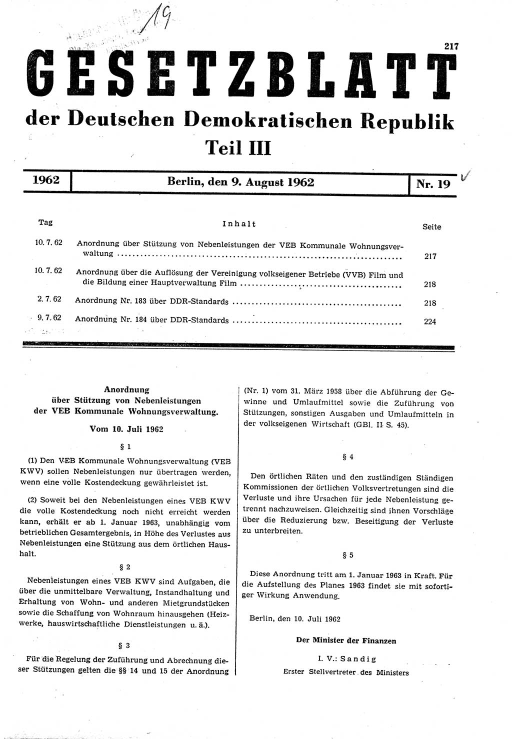 Gesetzblatt (GBl.) der Deutschen Demokratischen Republik (DDR) Teil ⅠⅠⅠ 1962, Seite 217 (GBl. DDR ⅠⅠⅠ 1962, S. 217)